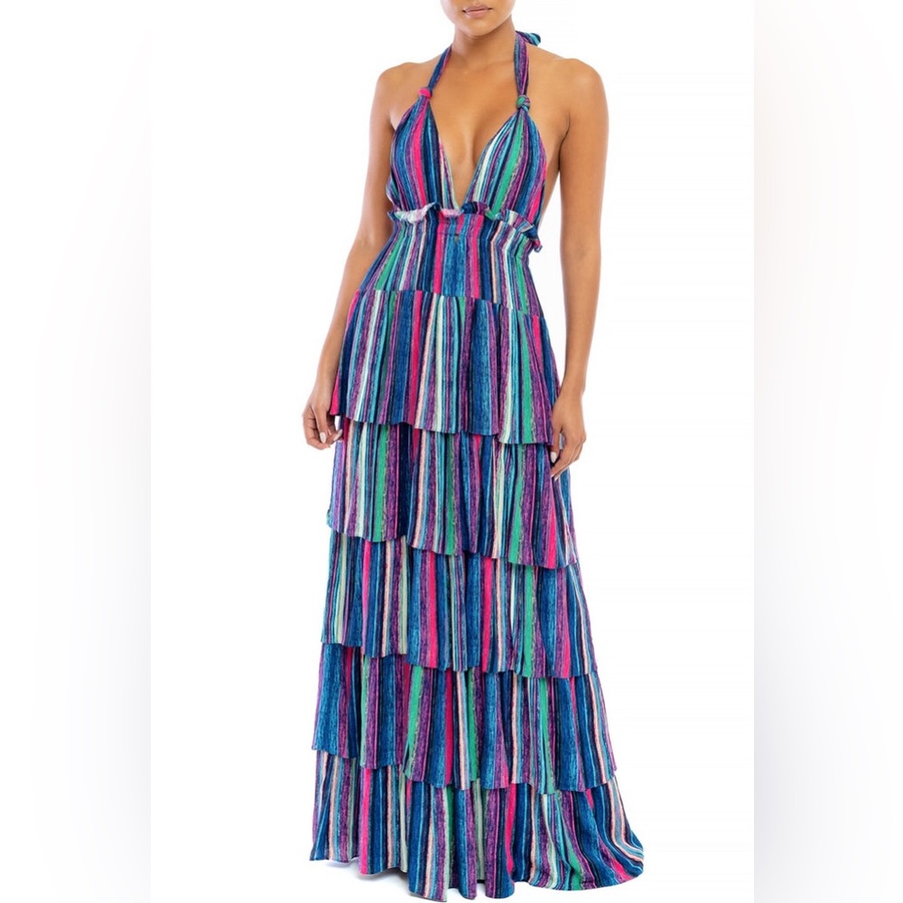 FASHION BLUE MULTI-COLOR MARINE RUFFLE HALTER V-NECK MAXI DRESS